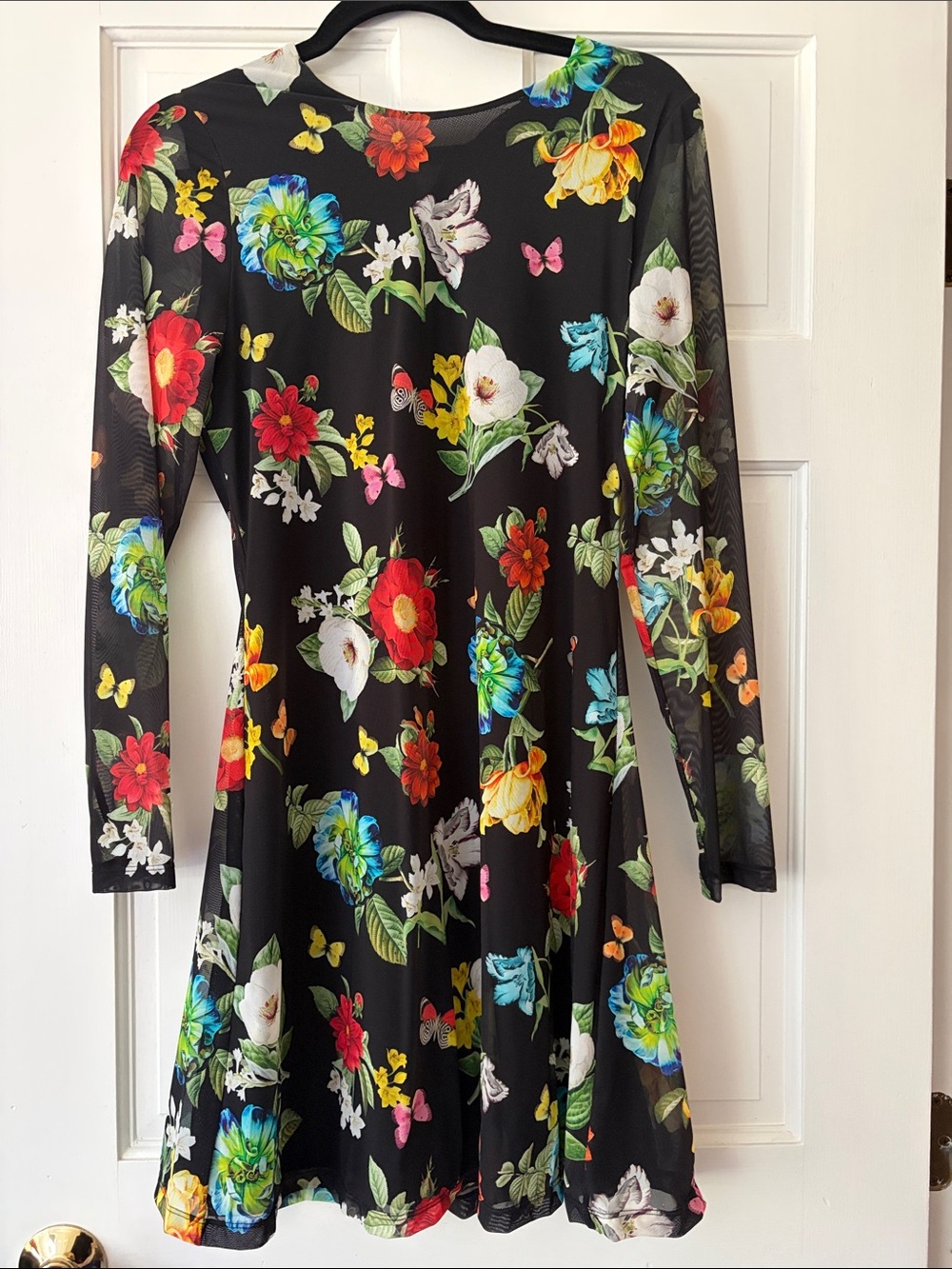 Alice + Olivia Black Floral Long-Sleeve Fit & Flare Dress with Multicolor Blooms